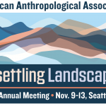 layers of mountain landscape in blues, peaches and greys, with the words unsettling landscapes, 2022 annual meeting 9--13 Seattle WA underneath