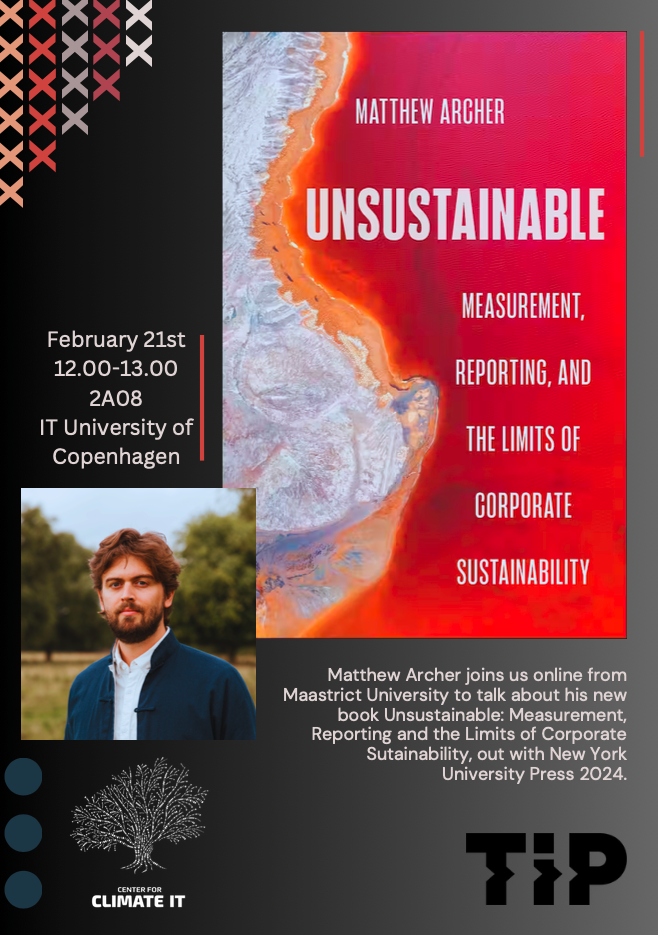 poster with a book cover featuring the title "unsustainable" against a red lake with white rocks. the poster also has a photo of a white man wearing a shirt, he has short brown hair and a beard.