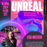 A poster with luminous pink palm trees in the background, a book cover reading In the Land of the Unreal, above a face wearing a headset over the eyes. A photo in a round bubble is of a woman with curly shoulder length brown hair, against pink grass. The right bottom corner has her name, Lisa Messeri, and logos of the Technologies in Practice and Antropologforeningen cover the bottom of the poster.