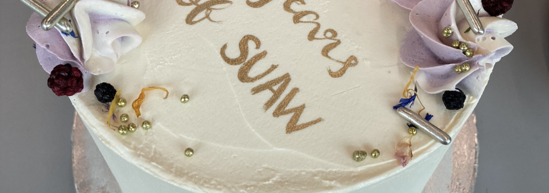 a tall cake covered in purple macrons and icing, reading in gold lettering 10 years of SUAW